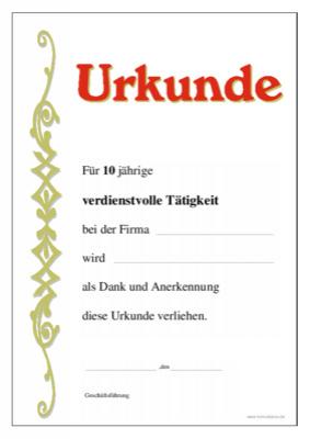 Urkunden Ehrung: Urkunde Verdienstvolle Tätigkeit, 10 Jahre (Firma). PDF Datei