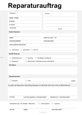 Gewerbe, Geschäft: Reparaturauftrag für Geräte und Maschinen. PDF Datei
