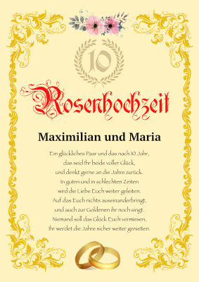 Urkunden Ehrung: Hochzeitstag Rosenhochzeit (10 Jahre) Urkunde. PDF Datei
