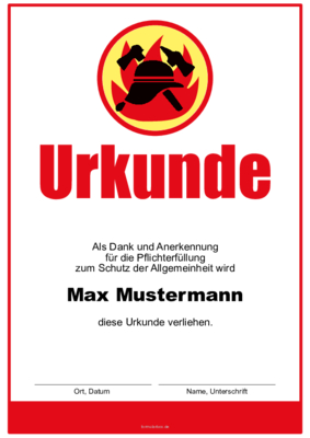 Urkunden Ehrung: Feuerwehr-Urkunde, Logo Rot, Gelb mit Text. PDF Datei