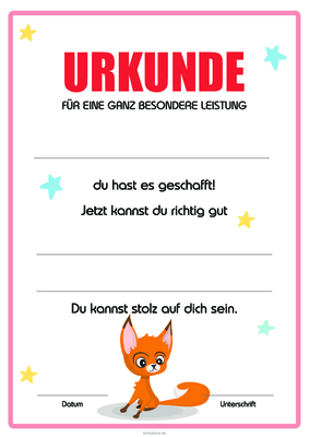 Urkunden Kinder: Kinder Urkunde für besondere Leistung I, Hörnchen, Orange. PDF Datei