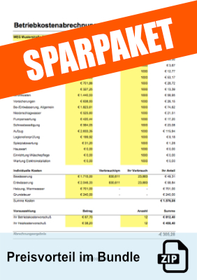 Immobilien: Betriebskostenabrechnung und Mieteinnahmen (Excel), Sparpaket. ZIP Datei