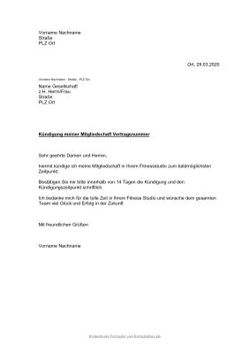 Kuendigung Fitness Studio Vorlage