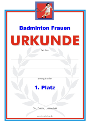 Urkunden Sportarten: Urkunde Badminton, Frauen. PNG Datei