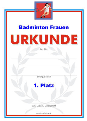 Badminton Urkunden, Frauen (51 Stück) - Das Set 'Badminton Damen' besteht aus Urkunden für die Platzierung 1 bis 3.