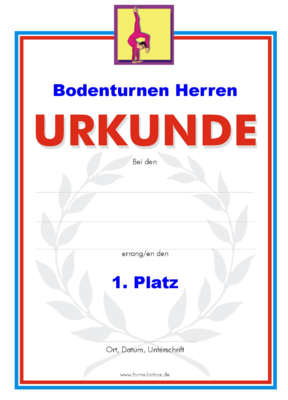 51 Bodenturnen-Urkunden. Das Set 'Bodenturnen Herren' besteht aus Urkunden für die Platzierung 1 bis 3. Urkunden Sportarten: Urkunde Bodenturnen, Herren. PNG Datei