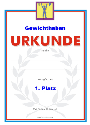 Urkunde Gewichtheben 1 51 Gewichtheben-Urkunden. Das Set Gewichtheben 1 besteht aus Urkunden für die Platzierung 1 bis 3.
