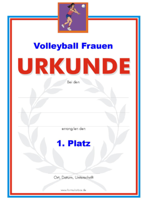 Urkunde Volleyball, Frauen 51 Volleyball-Urkunden. Das Set Volleyball Damen besteht aus verschiedenen Volleyballurkunden für die Platzierung 1 bis 3.