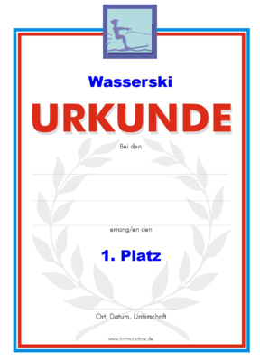 Urkunde Wasserski, Blau 51 Wasserski-Urkunden. Das Set Wasserski - Blau besteht aus Urkunden für die Platzierung 1 bis 3.