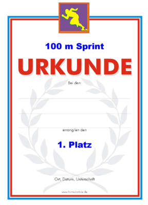 Urkunde 100 m Sprint 51 x 100 m Laufen-Urkunden. Das Set 100 m Sprint besteht aus Urkunden für die Platzierung 1 bis 3.