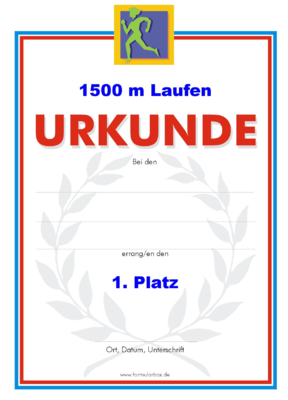 Urkunde 1.500 m Laufen 51 x 1.500 m Laufen-Urkunden. Das Set 1500 m Laufen besteht aus Urkunden für die Platzierung 1 bis 3.
