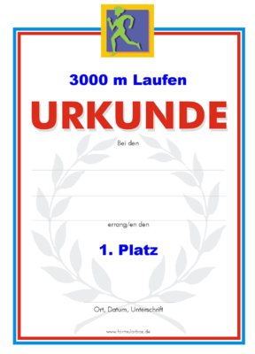 Urkunde 3.000 m Laufen 51 x 3.000 m Laufen-Urkunden. Das Set 3000 m Laufen besteht aus Urkunden für die Platzierung 1 bis 3.