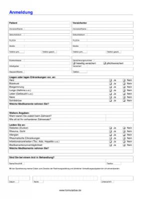 Anmeldeformular, Anamnese, Zahnrzte - Formular: Anmeldeformular fr Anamnese, speziell fr Zahnrzte.