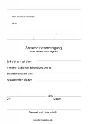 Formular, Vordruck: Ärztliche Bescheinigung über eine Arbeitsunfähigkeit. Arztpraxis: Bescheinigung Arbeitsunfähigkeit. PDF Datei