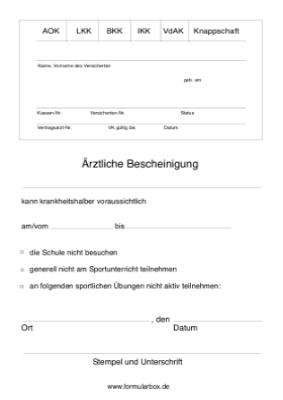 Bescheinigung, Schulkinder - Formular: Ärztliche Bescheinigung für Schulkinder im Querformat.