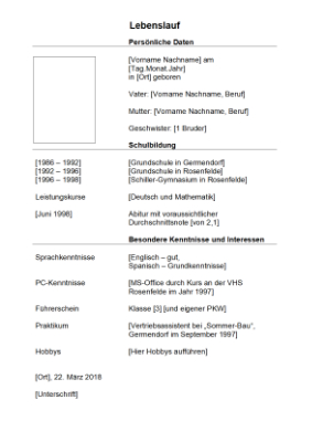 Beruf, Schule, Kita: Lebenslauf für Schulabgänger (Word). DOC Datei