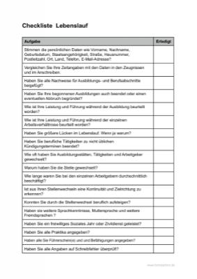 Beruf, Schule, Kita: Lebenslauf Checkliste. PDF Datei