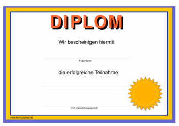 Teilnahme Diplom im Querformat Teilnahme Diplom. Text: Hiermit bescheinigen wir die erfolgreiche Teilnahme.