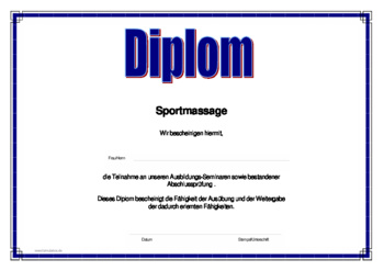 Diplome, Zertifikate: Diplom Alternative Heilmethoden, Sportmassage. PDF Datei