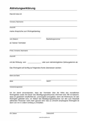 Word-Vorlage: Abtretungserklärung von Wohngeld an den Vermieter. Abtretungserklärung für Wohngeld (Word) als DOC Datei