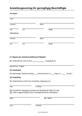 Word-Vorlage: Anstellungsvertrag für geringfügig Beschäftigte (Minijob). Anstellungsvertrag für geringfügig Beschäftigte (Word) als DOC Datei