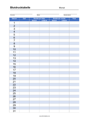 Word-Vorlage (Blau): Darstellung des Blutdruckes, Blutdruckmessung über einen Monat. Blutdrucktabelle, Groß, Blau, Monat (Word) als DOC Datei