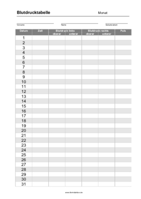 Blutdrucktabelle, Groß, Schwarz, Monat (Word) Word-Vorlage (Schwarz): Darstellung des Blutdruckes, Blutdruckmessung über einen Monat.
