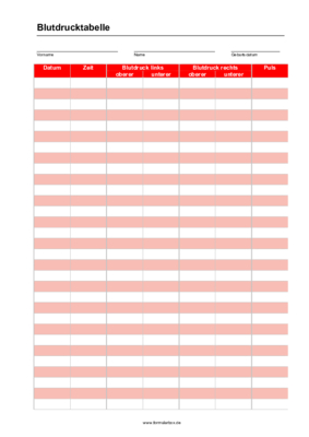 Blutdrucktabelle, Groß, Rot (Word) Word-Vorlage (Rot): Darstellung des Blutdruckes, Blutdruckmessung über einen längeren Zeitraum.