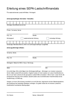 Immobilien: Lastschrift für Mieten und Wohngeld (Word). DOC Datei