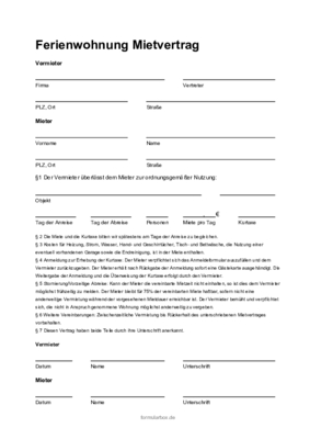 Word-Vorlage: Mietvertrag für Ferienwohnungen. Immobilien: Mietvertrag Ferienwohnung (Word). DOC Datei
