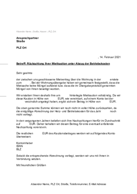 Word-Musterschreiben zur Rückzahlung der Mietkaution unter Abzug der Betriebskosten. Musterbrief: Rückzahlung Mietkaution mit Abzug der Betriebskosten als DOCX Datei