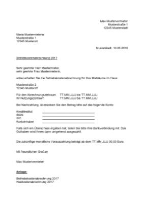 Immobilien: Musterbrief: Nebenkostenabrechnung an Mieter. DOC Datei