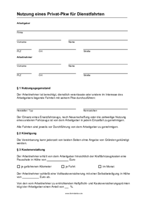 Mitarbeiter Privat-Pkw Vereinbarung (Word) Word-Vorlage: Vereinbarung über die Nutzung eines Privat-Pkw für Dienstfahrten.