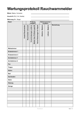 Immobilien: Rauchwarnmelder Wartungsprotokoll (Word). DOC Datei