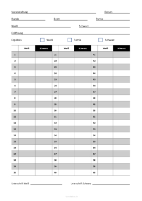 Schach, Partieformular 60 (Word) Word-Vorlage: Schach, Partieformular für 60 Züge. Bearbeitbare Word-Datei im A4-Hochformat.