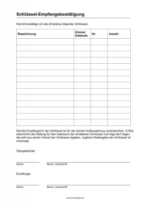 Immobilien: Schlüssel-Empfangsbestätigung (Word). DOC Datei