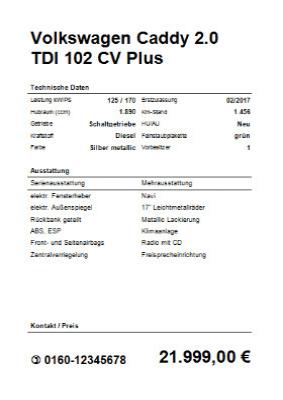 Fahrzeuge, Boote: KFZ-Verkaufsschild, Hochformat (Word). DOC Datei