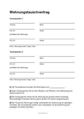Wohnungstauschvertrag (Word) Word-Vorlage: Tauschvertrag für eine Wohnung mit eventueller Ausgleichszahlung für Kautionen.