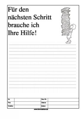 Cartoon Faxformular, für den nächsten Schritt ... - Cartoon-Faxformular mit Text: Für den nächsten Schritt brauche ich Ihre Hilfe! ...