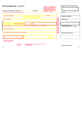 Überweisungsschein, Zahlschein (Konto, BLZ) - Vordruck Zahlschein, Überweisungsauftrag für Überweisungen mit BLZ und Kontonummer.