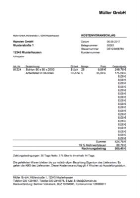 Gewerbe, Geschäft: Kostenvoranschlag (Excel). XLS Datei