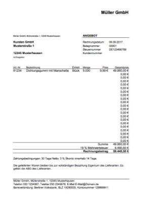 Gewerbe, Geschäft: Angebot, Rechnung, Lieferschein und Gutschrift (Excel). XLS Datei