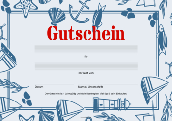 Gutschein 'Maritim' - Gutscheinvorlage in maritimen Design für einen Geschenkgutschein im Hochformat.