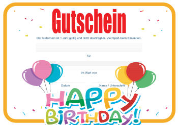 Gutscheine: Gutschein 'Happy birthday, Ballons'. PDF Datei
