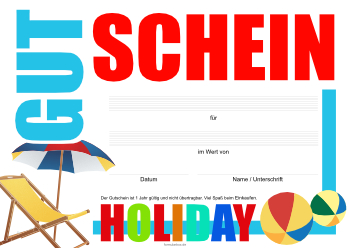 Gutschein 'Urlaub' - Gutscheinvorlage 'Urlaub, Holiday' für einen Geschenkgutschein im Querformat.