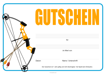 Gutschein Sport, Bogenschießen Geschenkgutschein zum Ausdrucken. Sport, Bogenschiessen für einen Geschenkgutschein im Querformat.