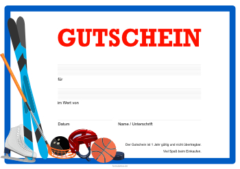 Gutschein 'Sport, Sportgeräte Feldspiele' - Gutscheinvorlage für Sport oder Sportgeräte zum verschenken im Querformat.