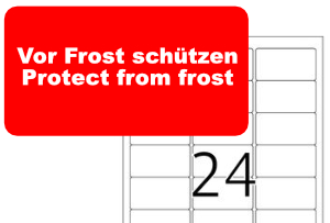 Herma-Etikett 4645: Vor Fost schützen, Protect from frost Rotes Etikett Vor Fost schützen, Protect from frost für Herma Etikett 63,5 x 33,9 mm. Druckvorlage für einen DIN-A4-Etikettenbogen.