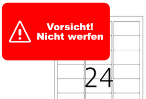 Herma-Etikett 4645: Vorsicht! Nicht werfen mit Symbol Rotes Etikett Vorsicht! Nicht werfen mit Grafik für Herma Etikett 63,5 x 33,9 mm. Druckvorlage für einen DIN-A4-Etikettenbogen.