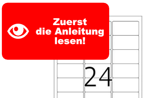 Rotes Etikett Zuerst die Anleitung lesen für Herma Etikett 63,5 x 33,9 mm. Druckvorlage für einen DIN-A4-Etikettenbogen.